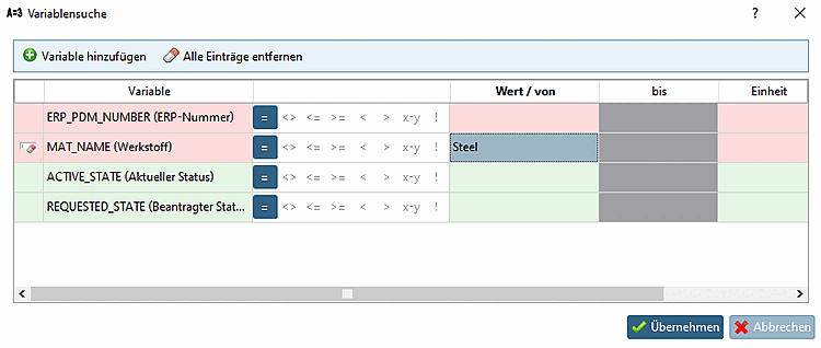 Variablensuche [Variables search]: MAT_NAME=Steel