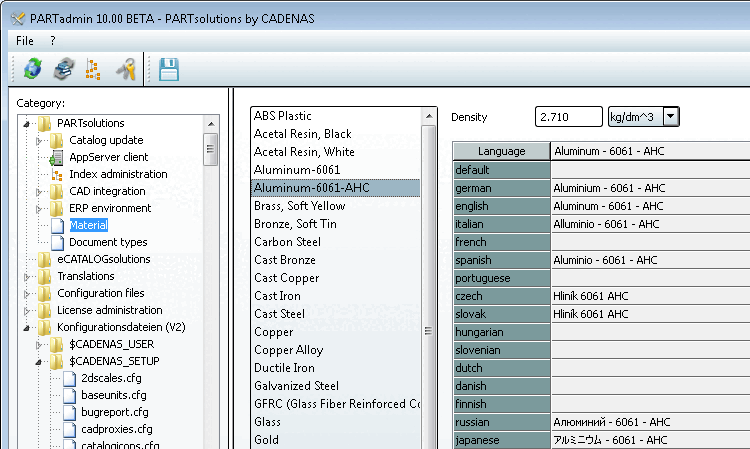 Materialdialog unter PARTadmin -> Kategorie [Category] -> PARTsolutions -> Material