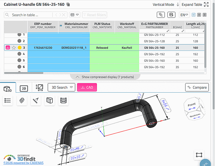 Bügelgriff mit Tabelle und 3D-Vorschau