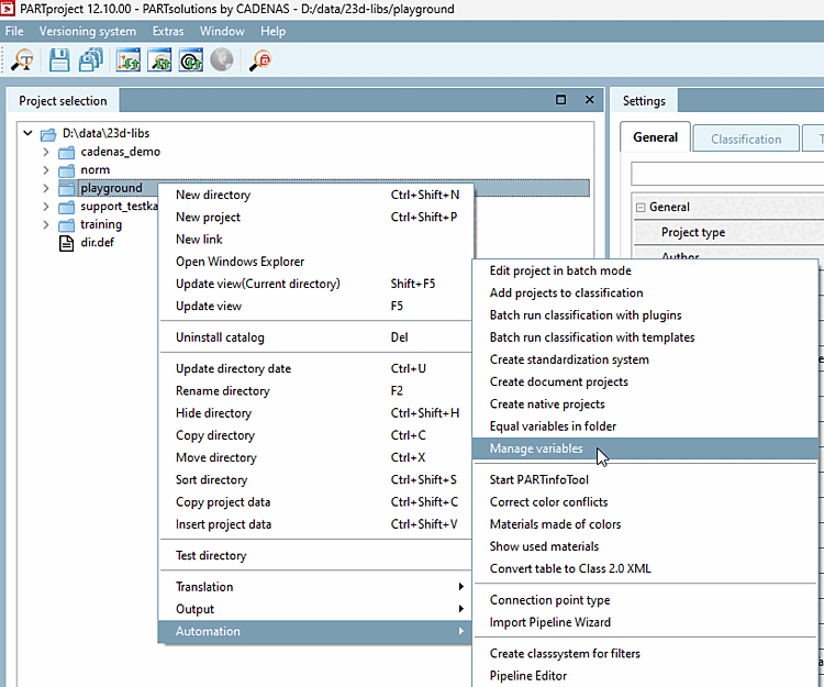 PARTPproject → Dockingfenster "Projektauswahl [Project selection]" → Kontextmenübefehl "Automatisierung [Automation]" → "Variablen verwalten [Manage variables]"