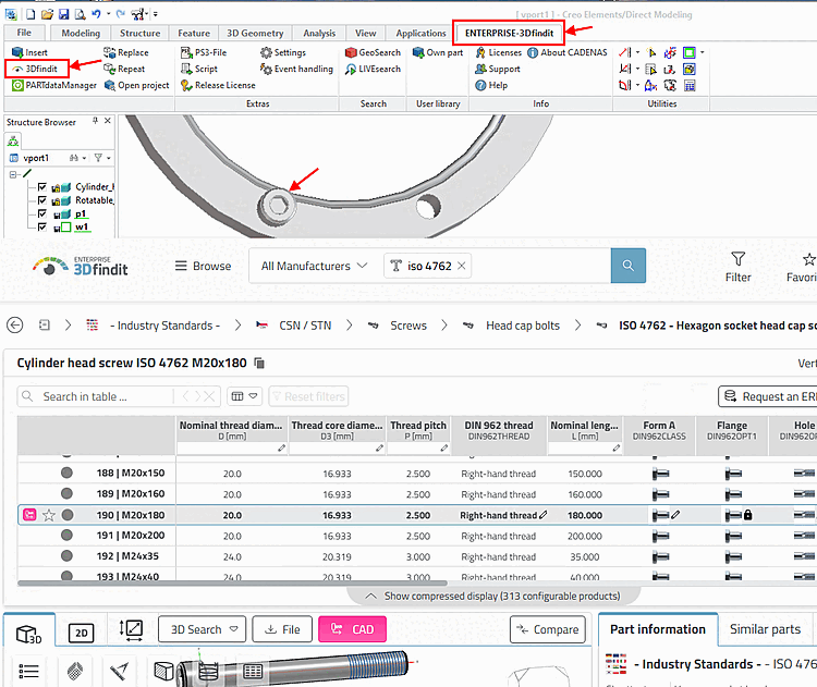 3Dfindit via Menüpunkt "ENTERPRISE-3Dfindit" -> Unterpunkt "3Dfindit" aufrufen und Teil ins CAD exportieren