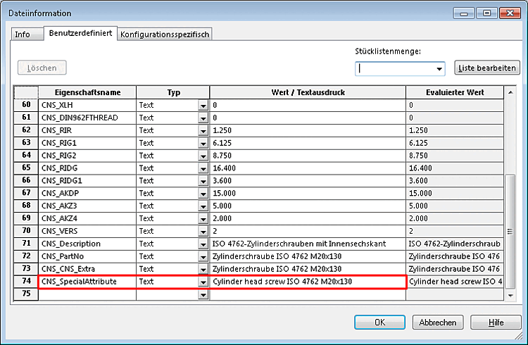 Dialogfenster "Dateiinformation" -> Registerseite "Benutzerdefiniert"