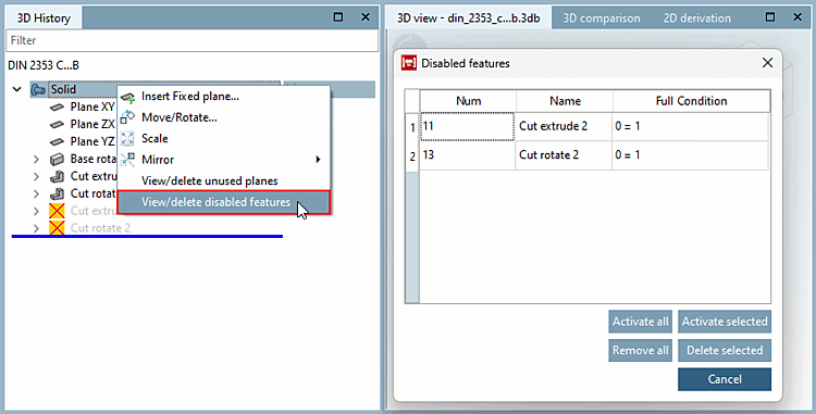 Dialogfenster Deaktivierte Features [Disabled features]
