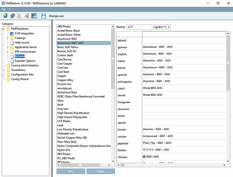 Materialdialog unter PARTadmin -> Kategorie [Category] -> PARTsolutions -> Material