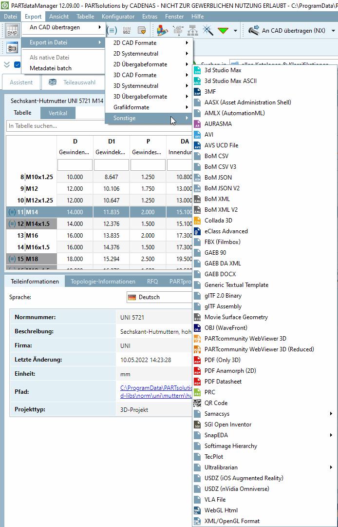 Export Menü > Export in Datei > Sonstige