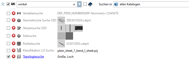 In dieser beispielhaften Abbildung sind alle Suchmethoden bereits einmal benutzt worden und somit aufgelistet. Die Volltextsuche und die Topologiesuche sind aktiviert und werden beim nächsten Suchlauf verwendet.