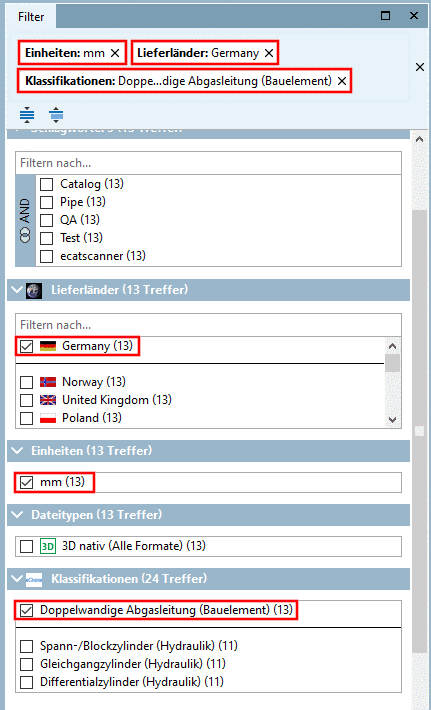 Anzeige selektierter Filter