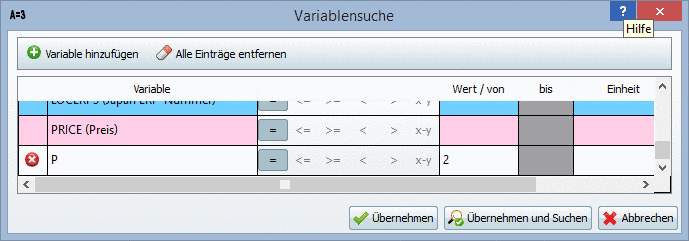 Beispiel: Die Variable "P" wurde mit Wert gleich 2 hinzugefügt.