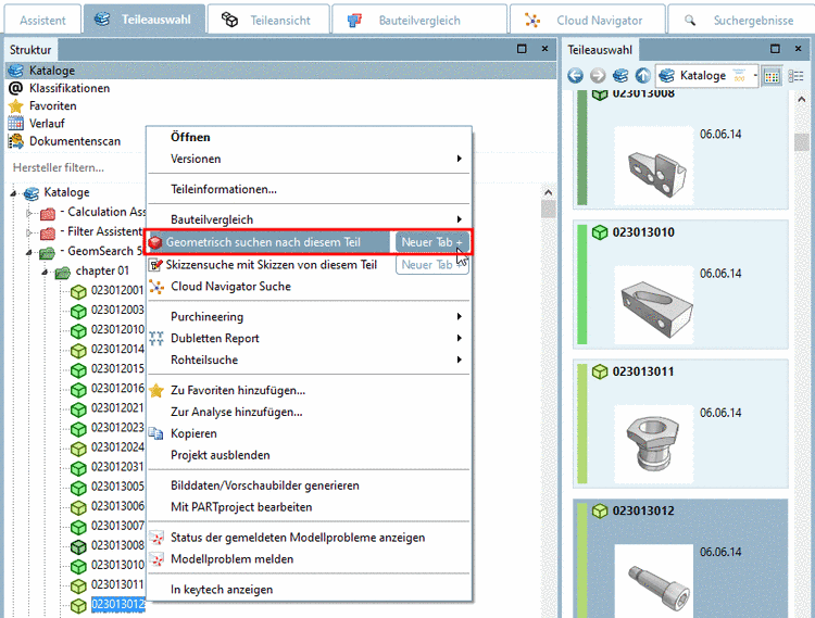Beispiel: "Geometrisch suchen nach diesem Teil" auf der Registerseite "Kataloge"