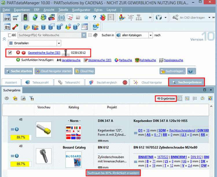 In der Abb. zeigt die Schaltfläche den Wert "Suchraum bis 80% Ähnlichkeit erweitern". Der Vorgabewert für die Mindestähnlichkeit war 90%. Mit Standardeinstellungen wird der Prozentwert mit jedem Klick um 10 Prozentpunkte verringert und die Suche erneut ausgeführt.