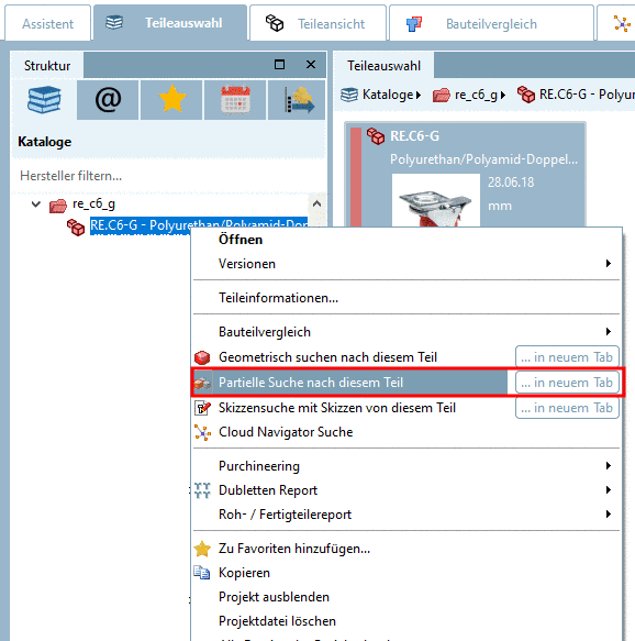 Beispiel: "Partielle Suche nach diesem Teil" auf der Registerseite "Kataloge"