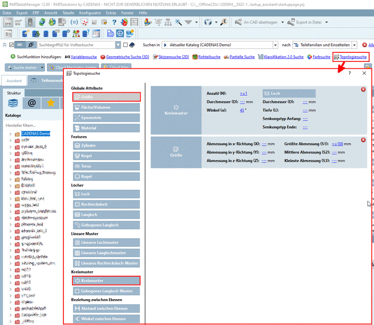 Dialogfenster "Topologiesuche" hier beispielhaft mit den Suchbedingungen "Kreismuster" und "Größe"