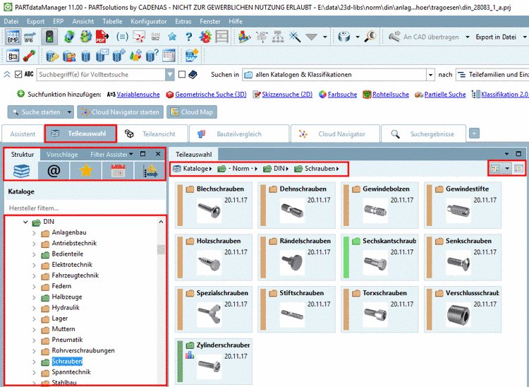 Beispiel: In der Abbildung ist links die Auswahl "Kataloge" selektiert und im Baum ein Verzeichnis. Rechts werden die entsprechenden Unterverzeichnisse zum links selektierten Verzeichnis angezeigt.