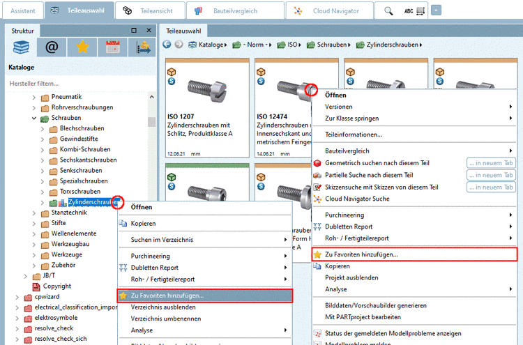 "Zu Favoriten hinzufügen" beispielhaft unter "Kataloge" oder "Symbole"
