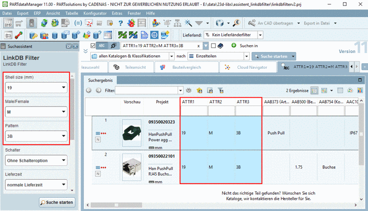 Die Assistentenfelder "Shell size", "Male/Female", "Pattern" sind auf die LinkDB-Spalten "ATTR1", "ATTR2", "ATTR3" gemappt.
