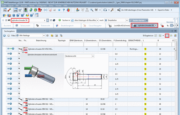 Suchergebnisse im Modus "Tabelle"
