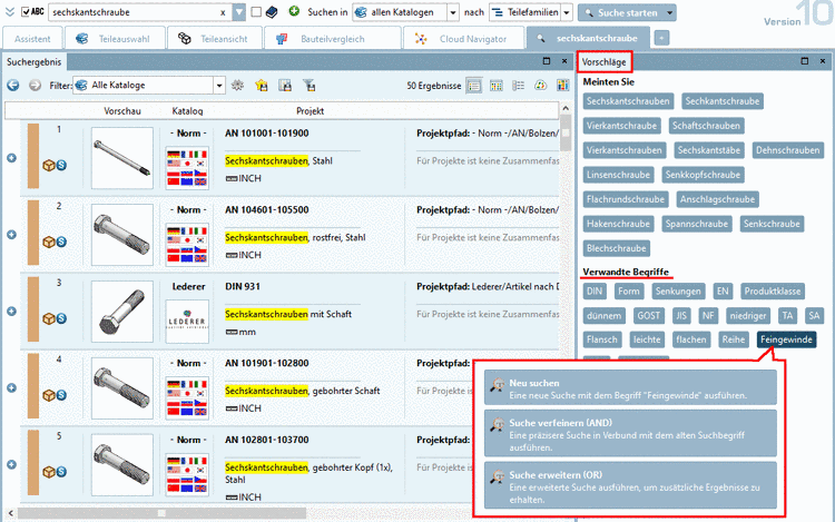 Suche anhand verwandter Begriffe modifizieren (Beispiel: "Suche verfeinern")