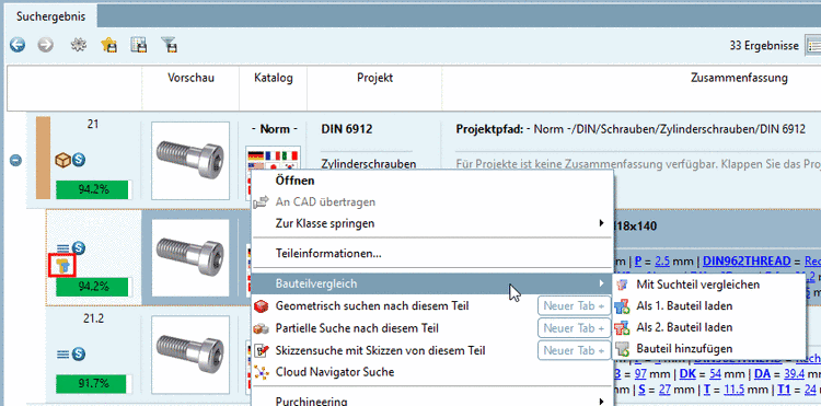An Zeilen mit Teilen, die dem Bauteilvergleich hinzugefügt wurden, erscheint ein entsprechendes Icon .