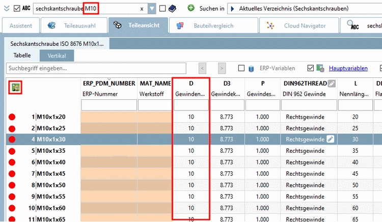 Die Tabelle zeigt nur noch Teile mit Gewindedurchmesser 10.