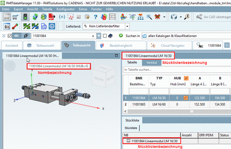 Bauteilbezeichnung: 3D Ansicht -> Normbezeichnung [NB] | Tabelle -> Stücklistenbezeichnung [LINA] | Dockingfenster "Stückliste" -> "Stücklistenbezeichnung" [LINA]