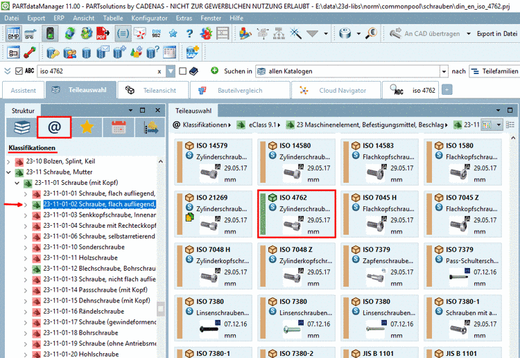 Ergebnis nach Klick auf den Link "23-11-01-02" (Schraube, flach aufliegend, Innenantrieb) im Fenster "Teileinformationen"