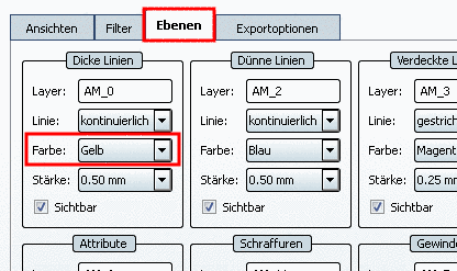 Beispiel: "Dicke Linien" landen auf Layer "AM_0" und sind in der dxf-Datei in Gelb angelegt.