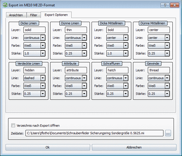 Registerseite "Exportoptionen" - ME10 MI 2D