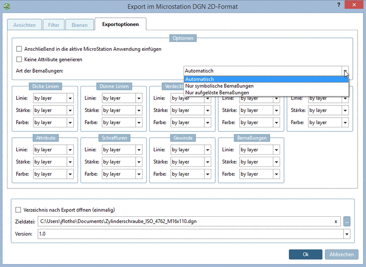 Registerseite "Exportoptionen" - Microstation DGN 2D