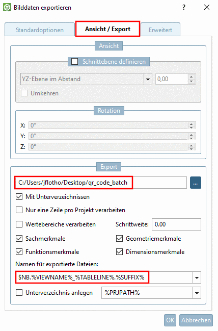 Registerseite Ansicht / Export