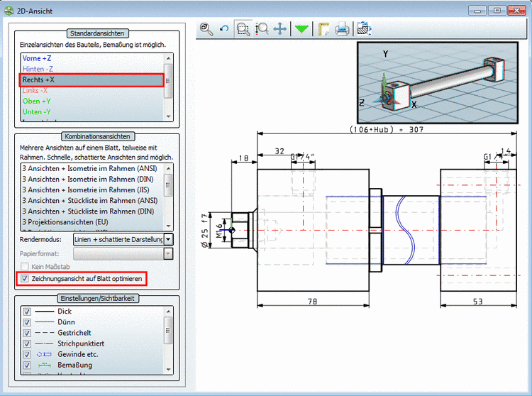 "Zeichnungsansicht auf Blatt optimieren" aktiviert