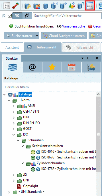 Indexbaum gefiltert = Schaltfläche "Vorzugsreihen an/aus" aktiviert