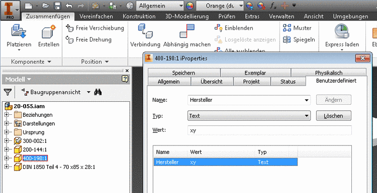 Teileeigenschaft beispielhaft für Inventor