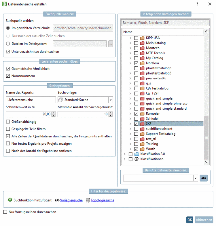 Einstellungsdialog für "Lieferanten finden"