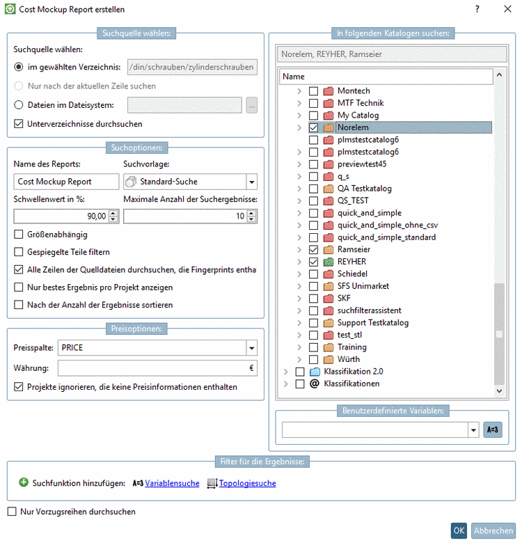 Einstellungsdialog für "Cost Mockup"
