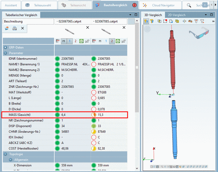 Bauteilvergleich -> Tabellarischer Vergleich und 3D-Vergleich