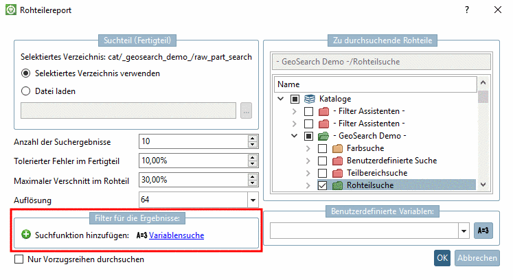Filter für die Ergebnisse