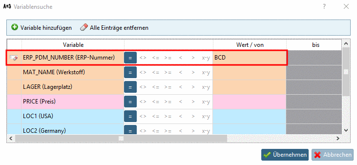 Dialogfenster "Variablensuche"