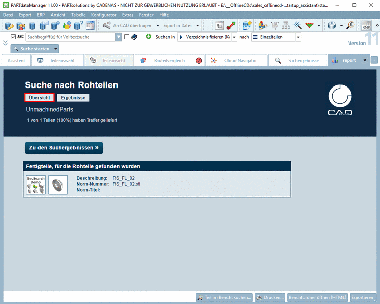 Im vorliegenden Beispiel wurde der Report nur auf Basis eines einzelnen Fertigteils erstellt.