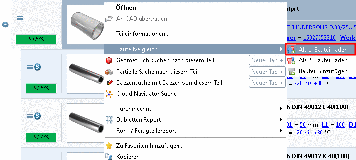 Bauteilvergleich -> Als 1. Bauteil laden
