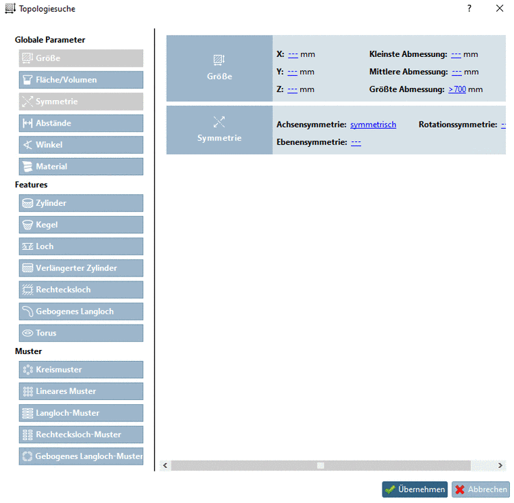 Topologiesuche: Einstellung für Größe und Symmetrie