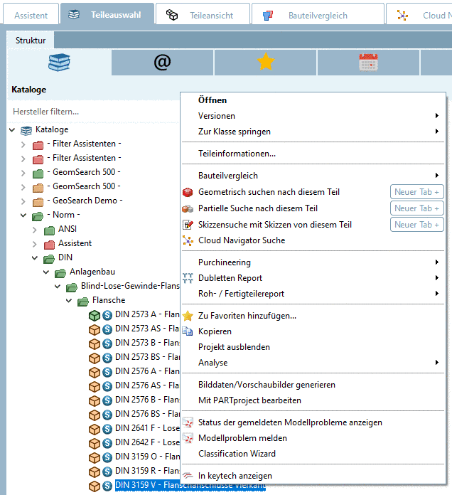 Beispiel: Kontextmenübefehl auf der Registerseite "Kataloge" auf Projektebene