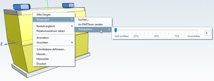 Kontextmenü: Baugruppe - 3D-Ansicht - Untermenü "Baugruppe" -> "Transparenz"