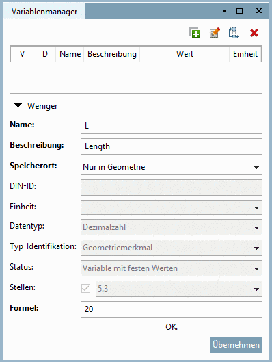 Hier im Beispiel wurde L (Length) mit Wert 20 eingetragen.