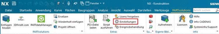 PARTsolutions Menü im CAD (beispielhaft in NX)