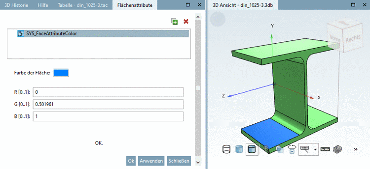 Ganzes Teil eingefärbt in Grün (PARTproject), einzelne Fläche zusätzlich eingefärbt in Blau (PARTdesigner -> Flächenattribute)