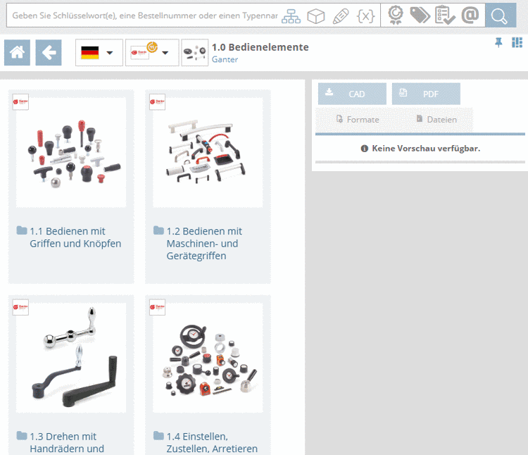 Beispielhaft 1. Verzeichnisebene nach Auswahl des Ganter Katalogs