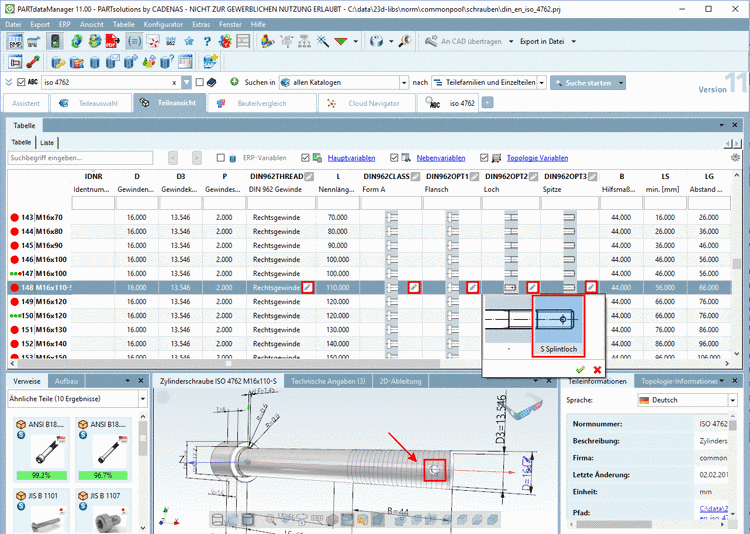 PARTdataManager Wertebereichsauswahl beispielhaft anhand von ISO 4762