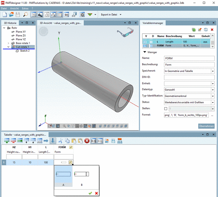 Die Abbildung zeigt eine angelegte Wertebereichsvariable mit Grafiken im PARTdesigner