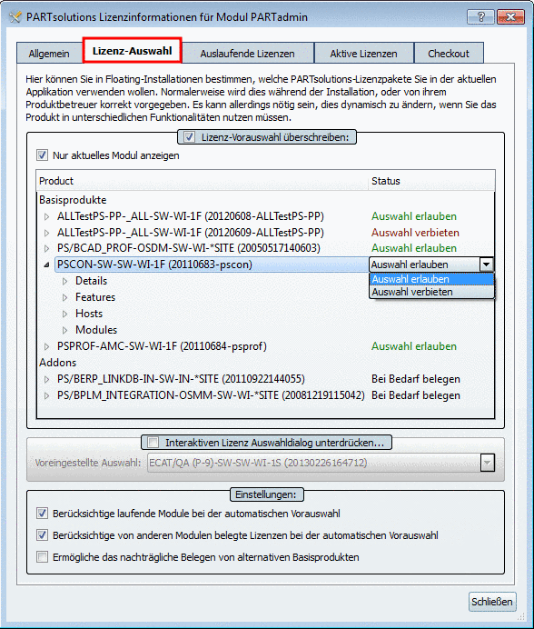 Beispiel: PARTsolutions Lizenzinformationen für Modul PARTdataManager
