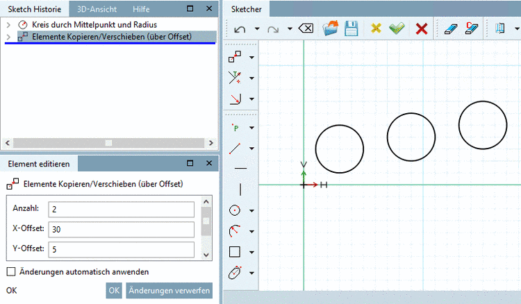 Die Abb. zeigt Original und 2 Kopien, jeweils verschoben mit einem X-Offset von 30 und Y-Offset von 5.
